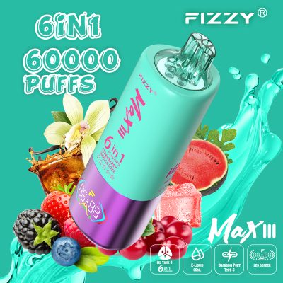 Fizzy Max III 6in1 60K 60000 Puffs Rechargeable Disposable Vape – Watermelon Ice & Strawberry Vanilla Coke & Mixed Berry – 10pcs