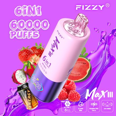 Fizzy Max III 6in1 60K 60000 Puffs Rechargeable Disposable Vape – Strawberry Dragon Fruit & Red Bull & Raspberry Watermelon – 10pcs