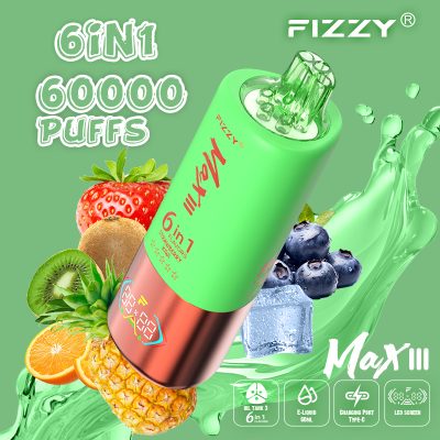Fizzy Max III 6in1 60K 60000 Puffs Rechargeable Disposable Vape – Blue Razz Ice & Strawberry Kiwi & Sour Pineapple Orange – 10pcs