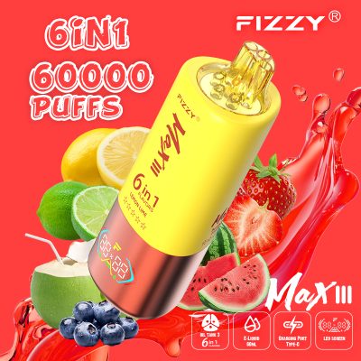 Fizzy Max III 6in1 60K 60000 Puffs Rechargeable Disposable Vape – Strawberry Watermelon & Lemon Lime & Blueberry Coconut – 10pcs