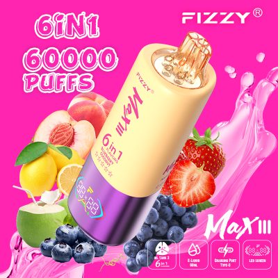Fizzy Max III 6in1 60K 60000 Puffs Rechargeable Disposable Vape – Strawberry Grape & Blueberry Coconut & Peach Lemon – 10pcs