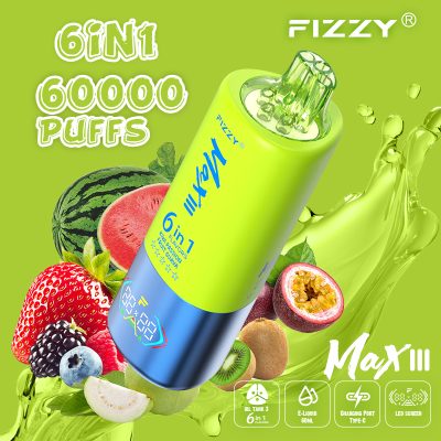 Fizzy Max III 6in1 60K 60000 Puffs Rechargeable Disposable Vape – Mixed Berry & Kiwi Passion Fruit Guava & Strawberry Watermelon – 10pcs