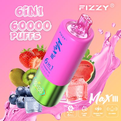 Fizzy Max III 6in1 60K 60000 Puffs Rechargeable Disposable Vape – Strawberry Kiwi & Blueberry Ice & Watermelon Ice – 10pcs